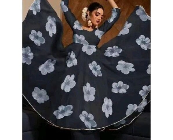 Women Partywear Black Print Gown with Dupatta